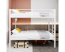 Loft Bed for Children, Metal Bunk Bed, 2 Beds, No Spring Box Required, with Ladder and Full Length Handrail for Teenagers and Adults (White A, 90 x 190 cm)