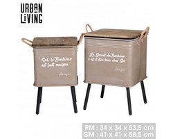 "LOFT & METAL" SET VAN 2 METALEN KISTTAFELS MET POTEN EN TOUWHANDVATEN IN TAUPE