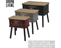 "LOFT & METAL" SET VAN 3 METALEN KISTTAFELS MET HOUTEN POTEN EN HOUTEN BLAD