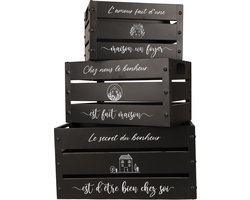 "LOFT & METAL" ZWARTE METALEN DOZEN GEDECOREERD X3 PM:28XH16CM MM:34XH18CM GM:40XH20CM