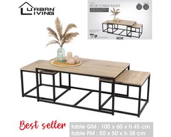 "LOFT" – SET VAN 3 SALONTAFELS HOUT EN METAAL 1-100X60XH45CM + 2-50X50XH38CM