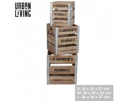 "LOFT & WOOD" Versierde houten vierkante kisten met metalen hoeken x3