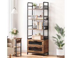 LoftCraft Industriële Boekenkast met 4 Niveaus en 2 Laden – Vrijstaande Opbergkast 80 x 30 x 180 cm – Hout & Metaal – Vintage Bruin