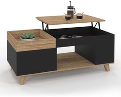 Lola salontafel – Rechthoekig – Houten blad en zwart metalen onderstel – Met opbergruimte en hefblad