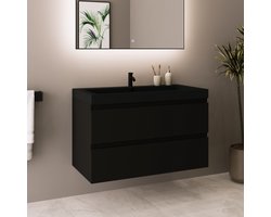 LOMAZOO Badkamermeubel Mat Zwart 80 cm - Wastafel Zwart - Wastafelmeubel - Wastafelkast Zwevend [MONACO]