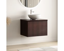 LOMAZOO Badkamermeubel Walnoot Geribbeld 60cm - Waskom Wit Opbouw - Onderkast - Wastafelmeubel - Wastafelkast Zwevend [MESSINA]