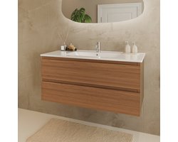 LOMAZOO Badkamermeubel Warm Eiken 100 cm cm [MARENZA] - Wastafelonderkasten - Wastafel Wit - Wastafel Keramiek - Badkamerkast Zwevend