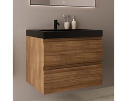 LOMAZOO Badkamermeubel Warm Eiken 60 cm - Wastafel Zwart - Wastafelmeubel - Wastafelkast Zwevend [MONACO]