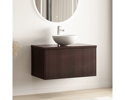 LOMAZOO Badkamermeubel - Waskom Wit Opbouw - Wastafelmeubel - Wastafelkast Zwevend - Wastafelonderkasten - Badmeubel - Walnoot Geribbeld - 80 cm - MESSINA