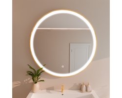 LOMAZOO Badkamerspiegel Goud met LED verlichting - Badkamer Spiegel - Spiegel Badkamer - Spiegel Douche - Verwarming Anti Condens - 100 cm rond [SOHO]