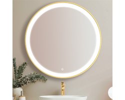 LOMAZOO Badkamerspiegel Goud met LED verlichting - Badkamer Spiegel - Spiegel Badkamer - Spiegel Douche - Verwarming Anti Condens - 80 cm rond [PARIS]