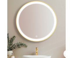 LOMAZOO Badkamerspiegel Goud met LED verlichting - Gouden Badkamer Spiegel - Spiegel Badkamer - Spiegel Douche - Verwarming Anti Condens - 60 cm rond [LONDON]