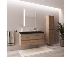 LOMAZOO Badmeubel Set Licht Eiken 100cm - Wastafel Zwart - Badkamermeubel set - Wastafelmeubel - Badkamerkast hoog [AVALON]