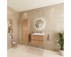 LOMAZOO Badmeubelset Licht Eiken 60 cm - Wastafel Wit - Badkamermeubel set - Wastafelmeubel Licht Eiken - Badkamerkast hoog [VERONA]