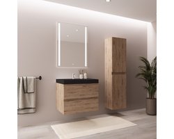 LOMAZOO Badmeubelset Licht Eiken 60 cm - Wastafel Zwart - Badkamermeubel set - Wastafelmeubel - Badkamerkast hoog [AVALON]