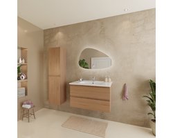 LOMAZOO Badmeubelset Licht Eiken 80 cm - Wastafel Wit - Badkamermeubel set - Wastafelmeubel Licht Eiken - Badkamerkast hoog [VERONA]