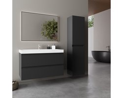 LOMAZOO Badmeubelset Mat Zwart 80 cm - Wastafel Wit - Badkamermeubel set - Wastafelmeubel - Badkamerkast hoog [AVALON]