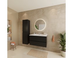 LOMAZOO Badmeubelset Mat Zwart 80 cm - Wastafel Wit - Badkamermeubel set - Wastafelmeubel Mat Zwart - Badkamerkast hoog [VERONA]