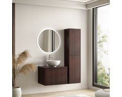 LOMAZOO Badmeubelset Ribbel Walnoot 60 cm - Waskom Wit - Badkamermeubel Set Bruin Geribbeld - Wastafelmeubel - Waskom Opbouw - Badkamerkast hoog [TROPANI]