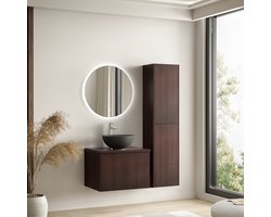 LOMAZOO Badmeubelset Ribbel Walnoot 60 cm - Waskom Zwart - Badkamermeubel Set Bruin Geribbeld - Wastafelmeubel - Waskom Opbouw - Badkamerkast hoog [TROPANI]