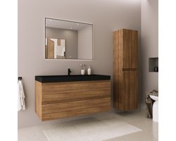 LOMAZOO Badmeubelset Warm Eiken 100 cm - Wastafel Zwart - Badkamermeubel set - Wastafelmeubel Zwart - Badkamerkast hoog [AVALON]