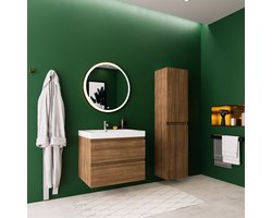 LOMAZOO Badmeubelset Warm Eiken 60 cm - Wastafel Wit - Badkamermeubel set - Wastafelmeubel - Badkamerkast hoog [AVALON]