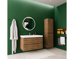 LOMAZOO Badmeubelset Warm Eiken 80 cm - Wastafel Wit - Badkamermeubel set - Wastafelmeubel - Badkamerkast hoog [AVALON]