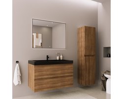 LOMAZOO Badmeubelset Warm Eiken 80 cm - Wastafel Zwart - Badkamermeubel set - Wastafelmeubel Zwart - Badkamerkast hoog [AVALON]