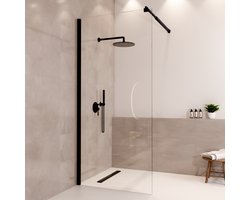 Lomazoo Douchewand Lima - 90x200 Cm - Inloopdouche Zwart - 8 Mm Helder Glas - Nano Coating Anti Kalk