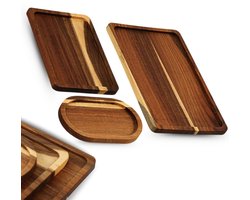 Lomera Acaciahouten Dienbladen - Set van 3 Dienbladen - Duurzame Dienbladen - Tropisch Hardhout - Warme Gloed Hout - Verschillende Kleurschakeringen - Rechthoekige Dienbladen - Ovale Dienbladen - Trendy Dienbladen - Zware Houten Dienbladen