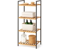 Lomera Badkamerrek Met 4 Planken - Bamboe Planken - Zwart Metalen Frame - Badkamer Organizer - Ruimtebesparend Rek - Staand Rek - Opbergrek Badkamer - Handdoeken Opbergen - Stijlvolle Opbergruimte - Badkamerbenodigdheden