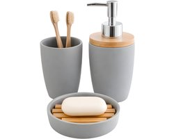 Lomera Badkamerset - Badkameraccessoires Set - Badkamer Set 3 Delig - Badkamer Set Zeeppompje Beker Zeepbakje - Grijze Badkamerset
