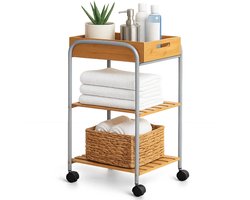 Lomera Badkamertrolley Bamboe - Badkamertrolley Metaal - Verrijdbare Badkamertrolley - Badkamerrek Met Legplanken - Badkamermeubel Met Wieltjes - Trolley Met Zwenkwielen - Bamboe En Metaal - 2 Legplanken - Legbak Bovenzijde - 4 Zwenkwielen