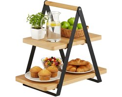 Lomera Bamboe Etagere - 2-Laags - Serveertoren - Inklapbaar - Bamboe En Metaal - Eenvoudig Op Te Bergen - Niet Vaatwasserbestendig - Stijlvolle Presentatie - Hapjes Serveren - Duurzame Materialen - Lichtgewicht Ontwerp