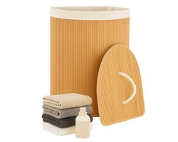 Lomera Bamboe Wasmand - Hoekmodel Wasmand - 72 Liter Capaciteit - Opvouwbare Wasmand - Naturel Kleur - Met Deksel - Waszak Inbegrepen - Verstevigde Metalen Ring - Uitneembare Zak - Wasbare Binnenzak - Driehoekig Ontwerp