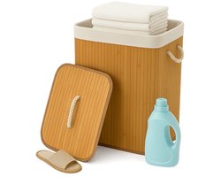 Lomera Bamboe Wasmand - Wasmand Met Deksel - 72 Liter Capaciteit - Opvouwbare Wasmand - Draaghengsels - Afneembaar Deksel - Natuurlijk Bamboe - Wasbare Binnenzak - Verstevigde Metalen Ring - Naturel Kleur - Uitneembare Zak