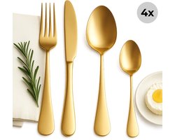 Lomera Bestekset 16-Delig - Roestvrij Staal - Goudkleurig Bestek - Pvd Coating - Vaatwasserbestendig - Handwas Aanbevolen - 4 Vorken - 4 Messen - 4 Eetlepels - 4 Theelepels - Tafelbestek - Luxe Design - Trendy Bestek - Bestek Voor 4 Personen