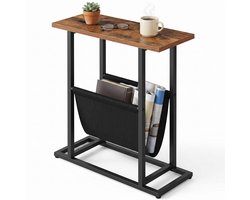 Lomera Bijzettafel met Tijdschriftenhouder - Lectuurbak - Tijdschriftenrek - Krantenbak - Sidetable - Banktafel - Tijdschriftentafel - Metalen Frame - Magazinehouder - Telefoontafel voor Woonkamer - Zwart en Bruin - Slaapkamer