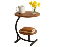 Lomera Bijzettafel Metaal - Dubbel Tafelblad - Bruine Bijzettafel - Mdf Hout - Sidetable Bruin - Metalen Frame - Compacte Bijzettafel - Ronde Tafelbladen - Hoog - Lichtgewicht Tafel - Moderne Bijzettafel