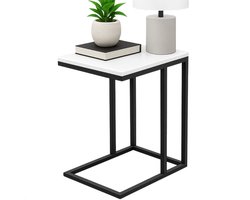 Lomera Bijzettafel Metaal - Wit Gemarmerd - Zwart Metalen Frame - Wit Mdf Tafelblad - Afgeronde Hoeken - Stelpootjes - Banktafeltje - Tafelblad - Woonkamer Tafel - Modern Design - Compacte Bijzettafel