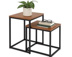 Lomera Bijzettafels Set Van 2 - Industrieel Design - Gepoedercoat Metaal - Mdf Tafelblad - Zwart Metalen Frame - Ruimtebesparend - Nesttafels - Woonkamer Bijzettafel - Verstelbare Poten - Compact Ontwerp