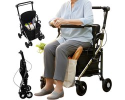 Lomera Boodschappenrollator - Rollator met Zitje - Shopper Rollator - Rollator met Tas - Rollator met Mand - Rollator met Rem - Inklapbare Rollator - Lichtgewicht Rollator - Rollator 4 Wielen - Rollator Zwart