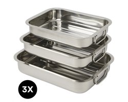 Lomera Braadslee Set - Ovenschaal Rvs - Set van 3 - Bakvormen met Handvaten - Ovenbestendig - Roestvrij Staal - Rechthoekige Ovenschaal - Stapelbare Braadslee - Vlees Braden