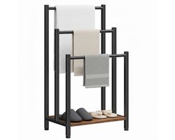 Lomera Handdoekrek Vrijstaand - Mat Zwart - 3 Armen - Metaal Met Mdf - Verstelbare Pootjes - Badkamer En Keuken - Robuust Ontwerp - Voor Alle Soorten Handdoeken - Handdoekhouder - Handdoekstang - Handdoek Rek