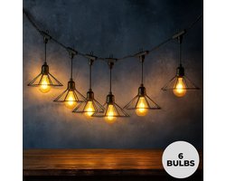 Lomera Hangende Tuinverlichting Lichtslinger - LED Filament Lampen - Warm Wit Licht - Plastic Lampenkap - Met Timer - Zwart Rubberen Snoer - Ip44 - Geschikt voor Buiten - Lichtsnoer - Buitenverlichting - 6 LED Lampen