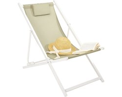Lomera Inklapbare Ligstoel - Metalen Frame - Tuin Of Balkon - Verstelbare Stoel - Hoofdsteun Voor Comfort - Strand Of Zwembad - Wit Frame - Groen Doek - Makkelijk Mee Te Nemen - Inklapbaar Ontwerp - Buitenmeubilair - Lichtgewicht Stoel