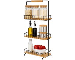 Lomera Keukenrek Met 3 Schappen - Metaal En Bamboe - Duurzaam Bamboehout - Licht Metaal - Keuken Organizer - Aanrecht Organizer - Staand Keukenrek - Ruimtebesparend Keukenrek - Opbergrek Keuken - Kruidenrek - 3-Laags Keukenrek