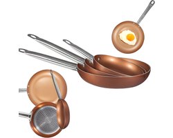 Lomera Koekenpannenset Koper - 3-Delige Pannenset - Gesmeed Aluminium - Non-Stick Coating - Xylan Coating - Inductie Geschikt - Gasfornuis Geschikt - Elektrisch Koken - Keramisch Koken - Halogeen Koken - RVS Handgrepen - Ophangoog