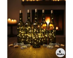 Lomera Kurk Met Led Lampjes - Flesverlichting Kurk - Led Lichtsnoer - Warm Wit Licht - Flessenstopper Met Licht - Sfeervol Woonaccessoire - Kerstlampjes - Kerstverlichting - Aan-Uit Schakelaar - Set Van 6 Stuks - Wijnfles Decoratie