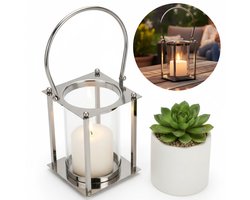 Lomera Lantaarn - Windlicht - Kaarslantaarn - Lantaarn met Kaars - Ronde Lantaarn - Zilveren Lantaarn - Metalen Lantaarn - Lantaarn voor Buiten - Lantaarn voor Binnen